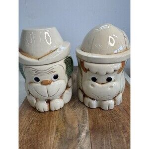 Set Of 2 VINTAGE BABY BULLs IN HATs CERAMIC COOKIE JARs 8.5” Never Used